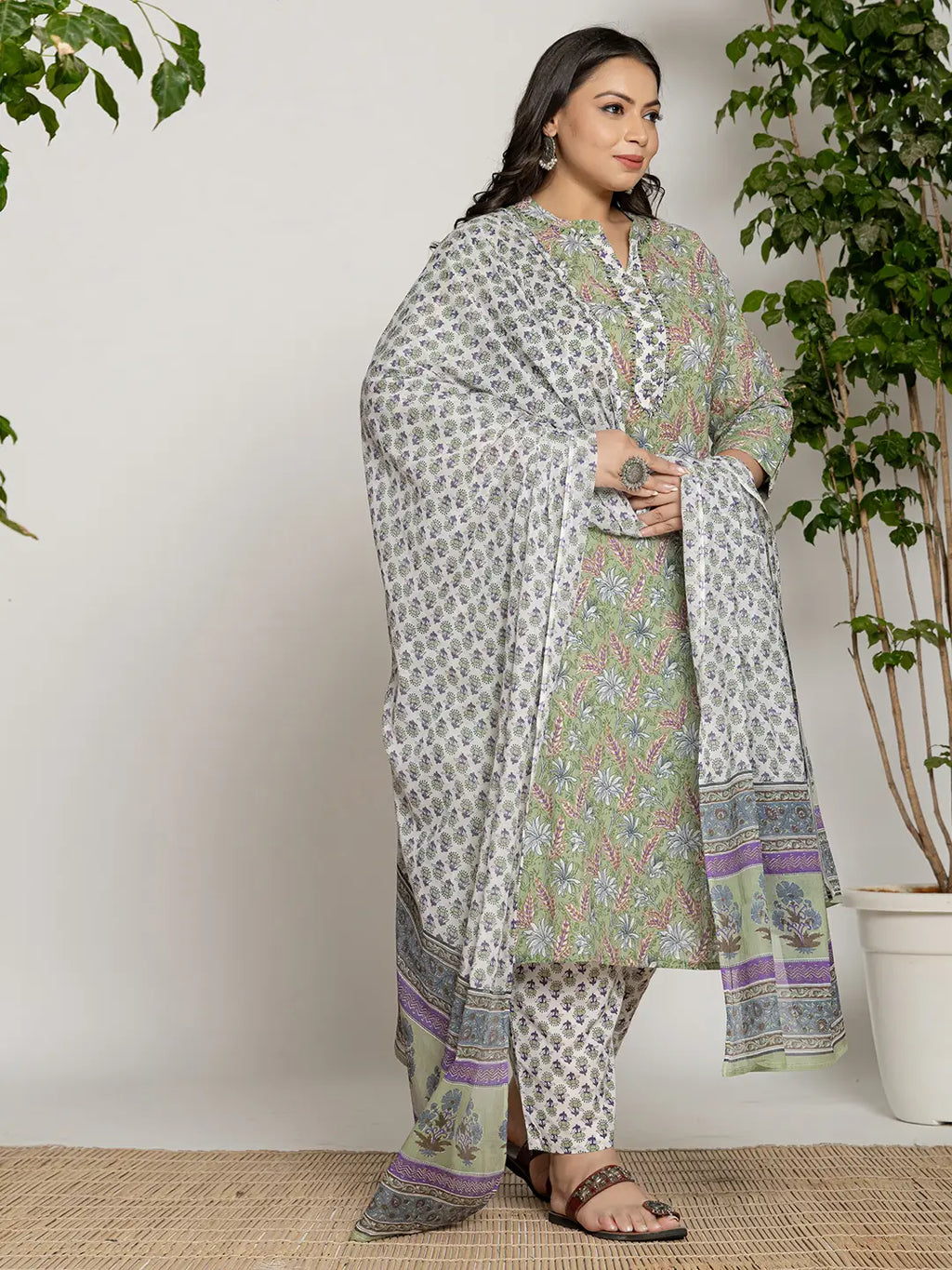 Yufta Green Cotton Green Pluse Size Kurta Dupatta Pant Set | Grocsy