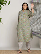 Yufta Green Cotton Green Pluse Size Kurta Dupatta Pant Set | Grocsy