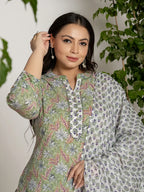 Yufta Green Cotton Green Pluse Size Kurta Dupatta Pant Set | Grocsy