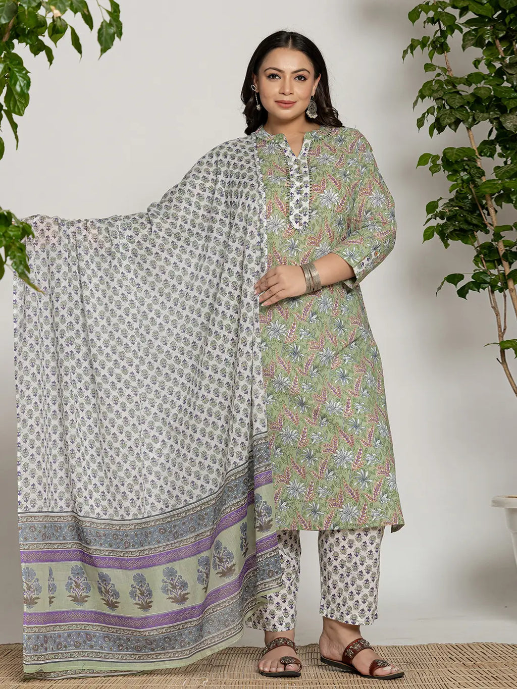 Yufta Green Cotton Green Pluse Size Kurta Dupatta Pant Set | Grocsy