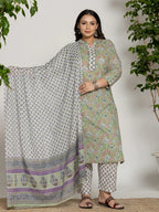 Yufta Green Cotton Green Pluse Size Kurta Dupatta Pant Set | Grocsy