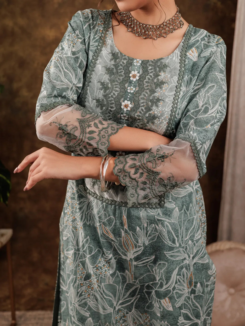 Yufta Green Cotton Kurta Dupatta Set With Lace Detailing | Grocsy