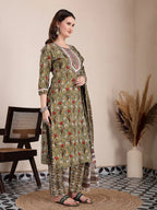 Yufta Green Cotton Lace Work On Yoke Straight Kurta Dupatta Pant Set | Grocsy