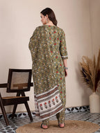 Yufta Green Cotton Lace Work On Yoke Straight Kurta Dupatta Pant Set | Grocsy