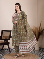 Yufta Green Cotton Lace Work On Yoke Straight Kurta Dupatta Pant Set | Grocsy