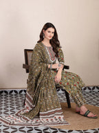 Yufta Green Cotton Lace Work On Yoke Straight Kurta Dupatta Pant Set | Grocsy