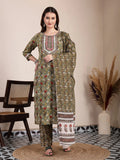 Yufta Green Cotton Lace Work On Yoke Straight Kurta Dupatta Pant Set | Grocsy