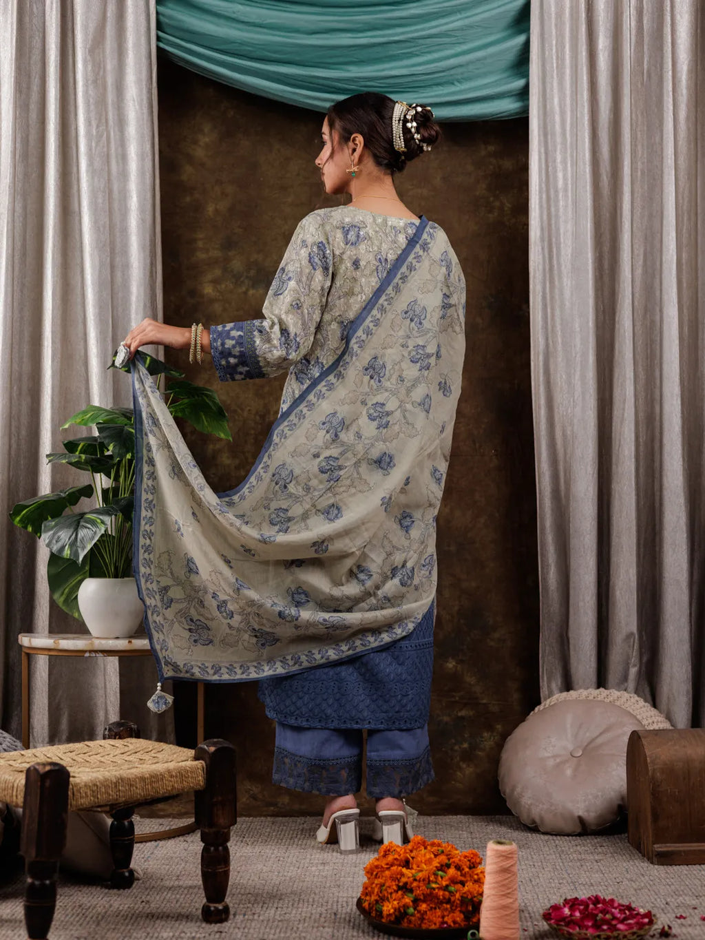 Yufta Green Cotton Schiffli Floral Print Kurta Dupatta Set With Lace Detailing | Grocsy