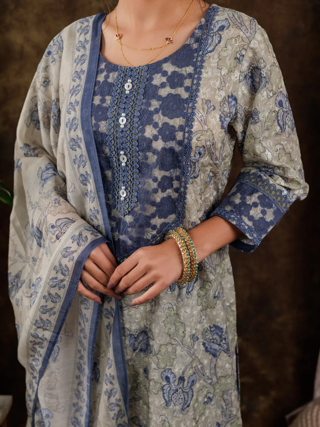 Yufta Green Cotton Schiffli Floral Print Kurta Dupatta Set With Lace Detailing | Grocsy