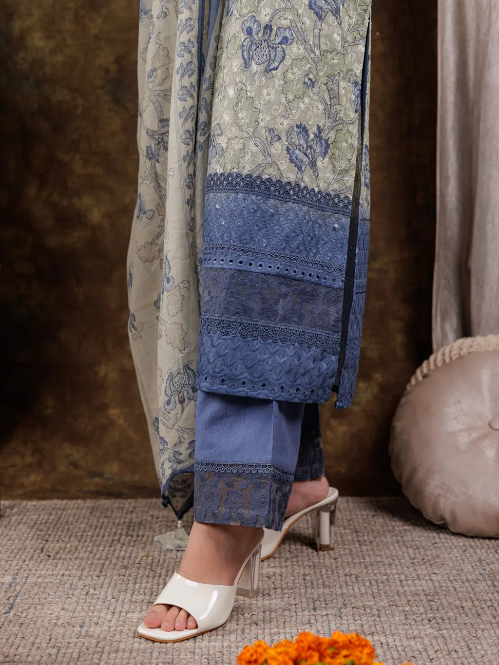 Yufta Green Cotton Schiffli Floral Print Kurta Dupatta Set With Lace Detailing | Grocsy