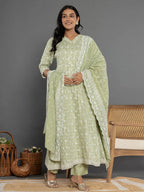 Yufta Green Cotton Silk Embroidered Anarkali Kurta Dupatta Set | Grocsy