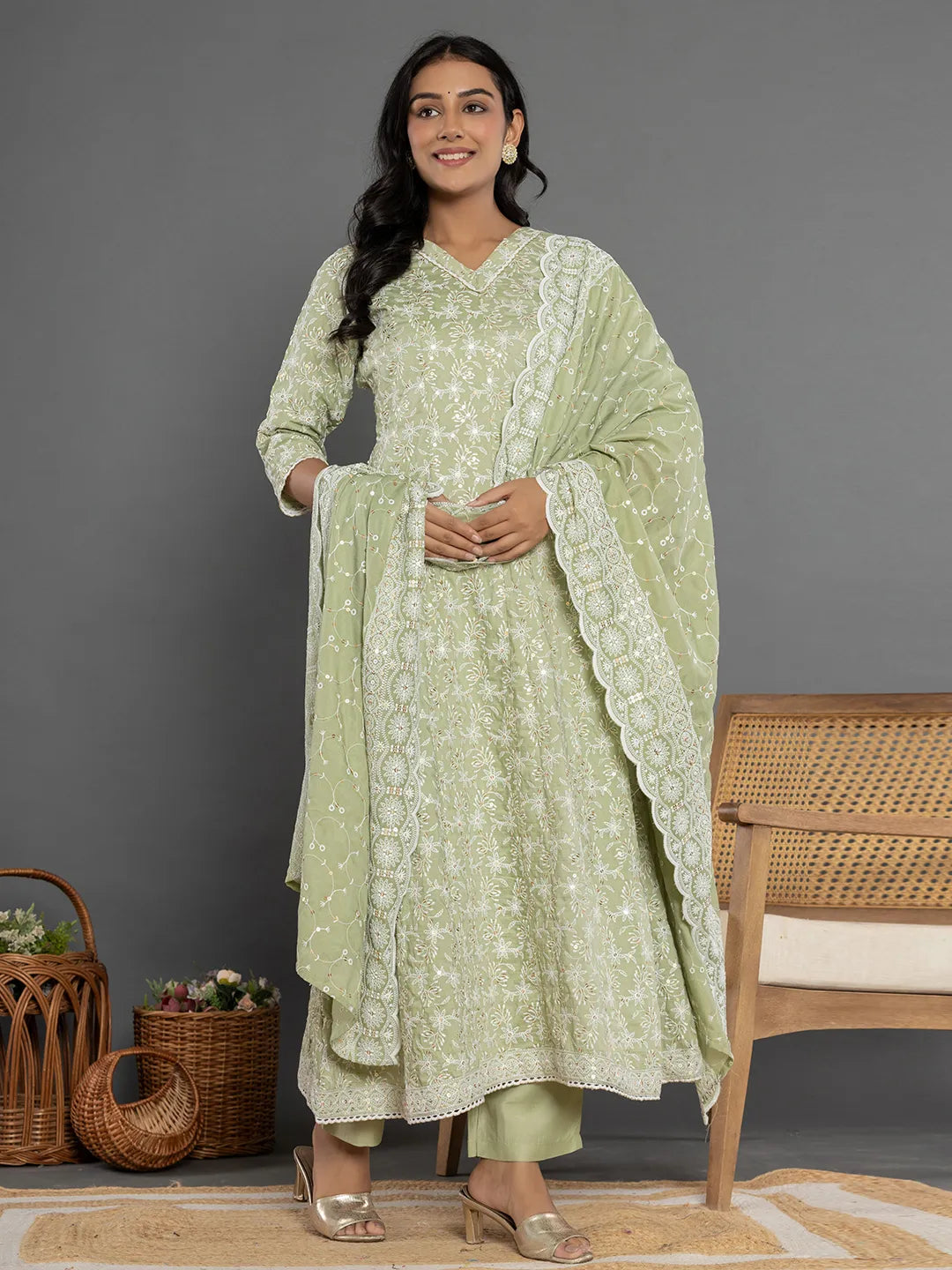 Yufta Green Cotton Silk Embroidered Anarkali Kurta Dupatta Set | Grocsy