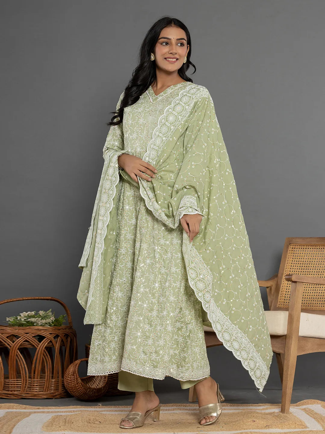 Yufta Green Cotton Silk Embroidered Anarkali Kurta Dupatta Set | Grocsy