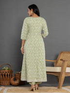 Yufta Green Cotton Silk Embroidered Anarkali Kurta Dupatta Set | Grocsy