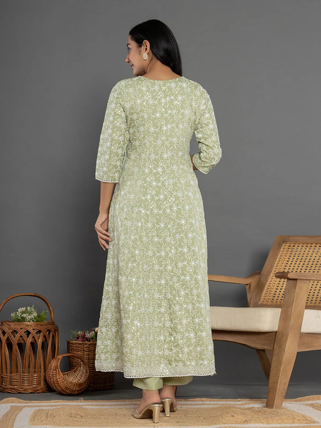 Yufta Green Cotton Silk Embroidered Anarkali Kurta Dupatta Set | Grocsy