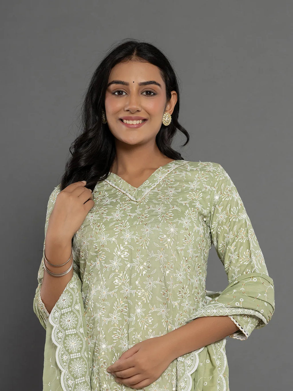 Yufta Green Cotton Silk Embroidered Anarkali Kurta Dupatta Set | Grocsy