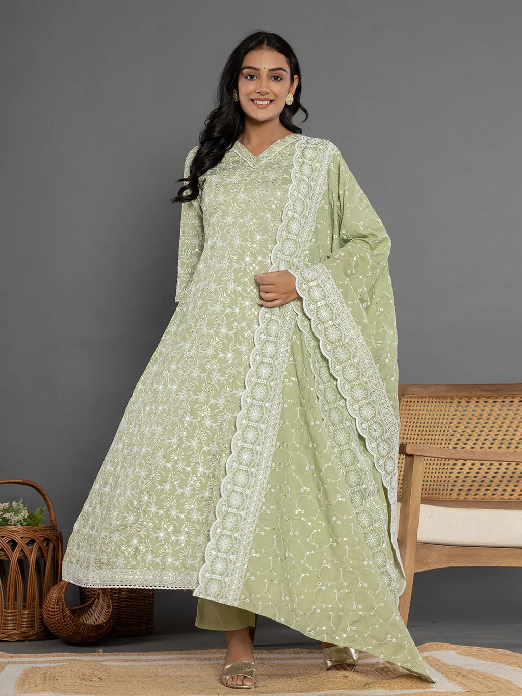 Yufta Green Cotton Silk Embroidered Anarkali Kurta Dupatta Set | Grocsy