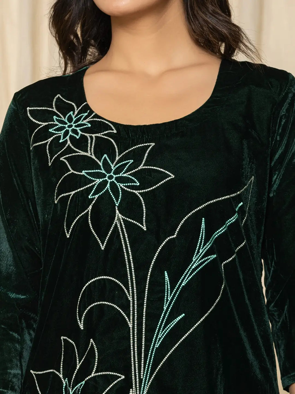 Yufta Green Embroidered Velvet Co-Ord Set | Grocsy