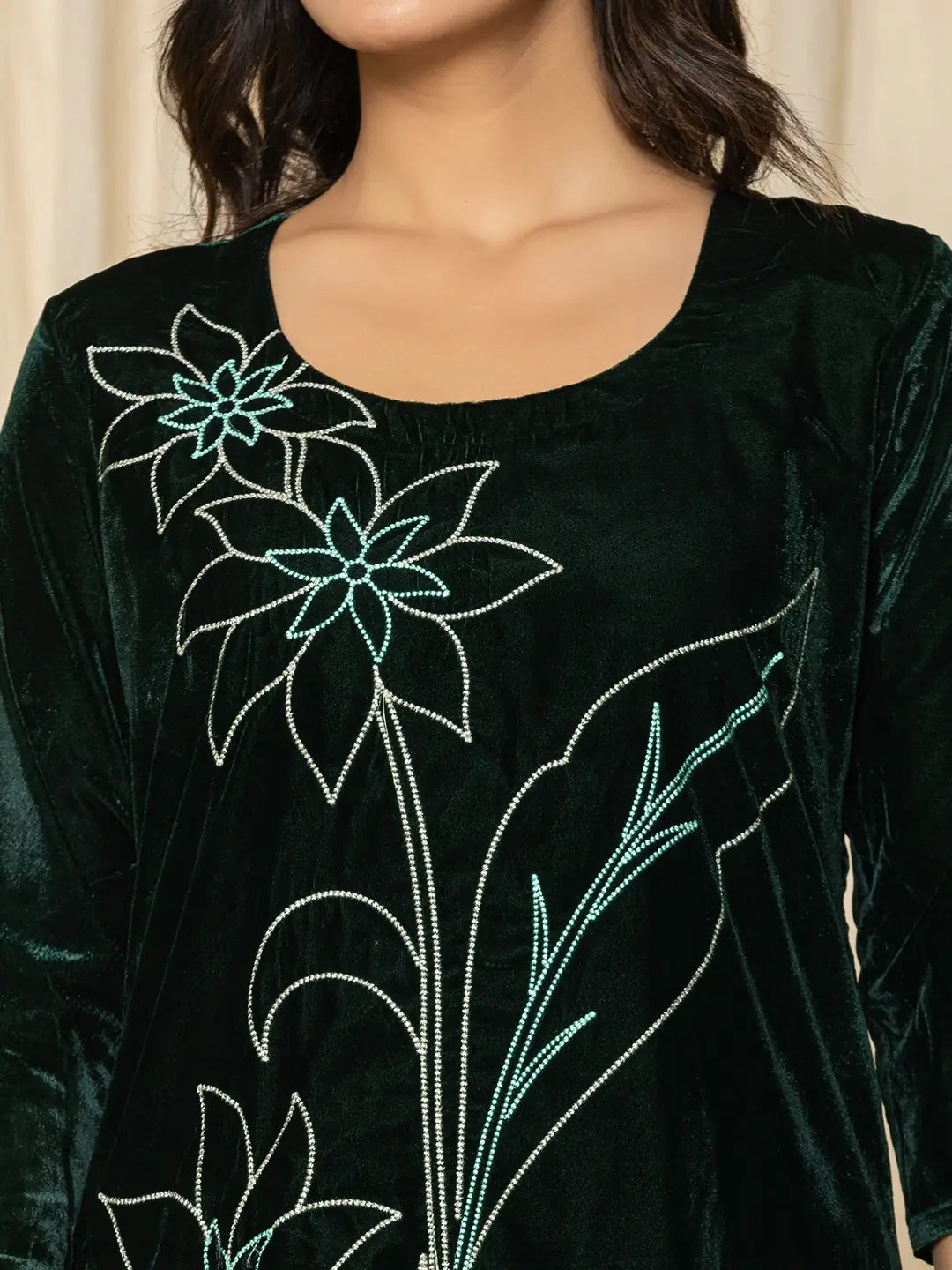 Yufta Green Embroidered Velvet Co-Ord Set | Grocsy