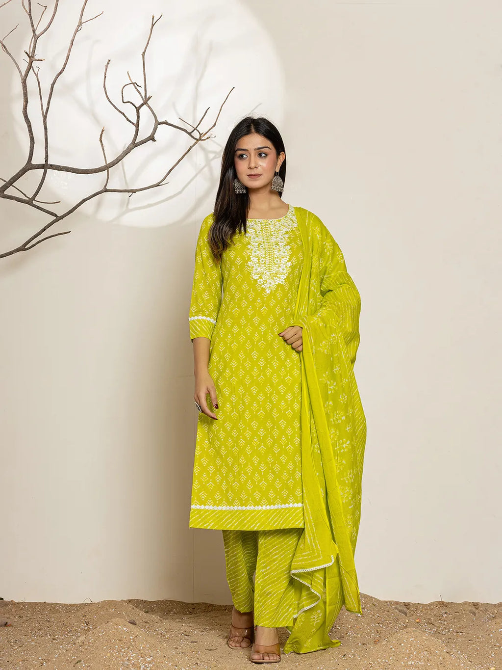 Yufta Green Ethnic Motifs Cotton Straight Kurta Dupatta Set | Grocsy