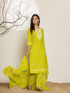 Yufta Green Ethnic Motifs Cotton Straight Kurta Dupatta Set | Grocsy