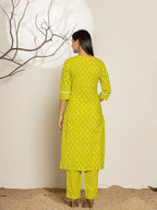 Yufta Green Ethnic Motifs Cotton Straight Kurta Dupatta Set | Grocsy