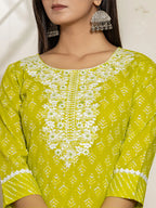 Yufta Green Ethnic Motifs Cotton Straight Kurta Dupatta Set | Grocsy