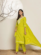 Yufta Green Ethnic Motifs Cotton Straight Kurta Dupatta Set | Grocsy