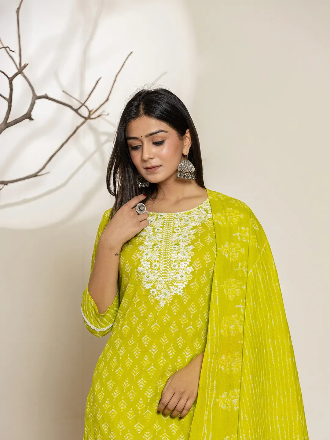 Yufta Green Ethnic Motifs Cotton Straight Kurta Dupatta Set | Grocsy