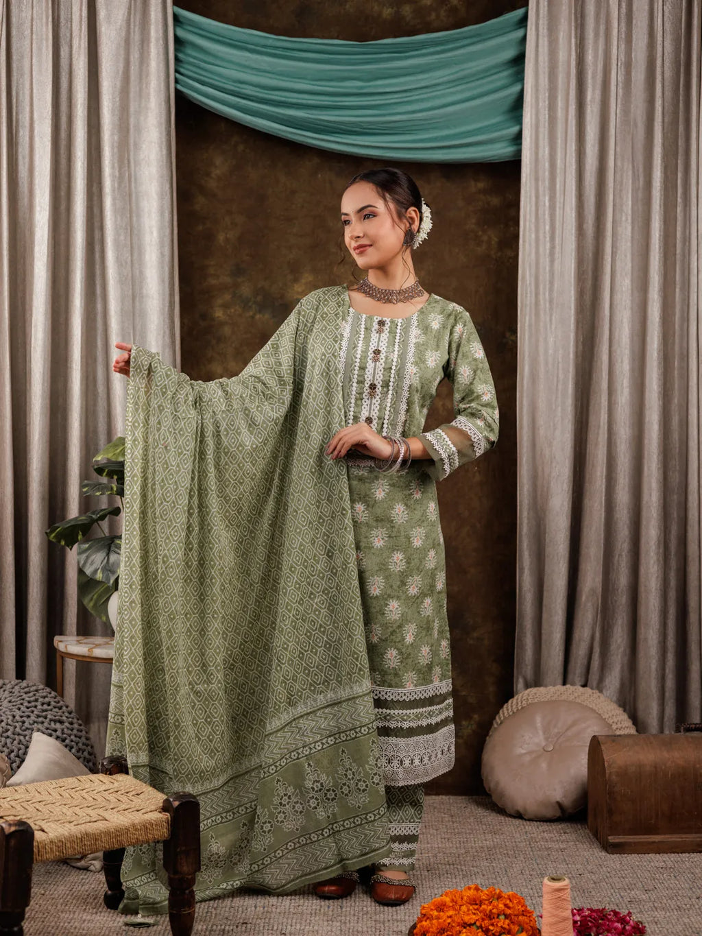 Yufta Green Ethnic Motifs Pure Cotton Kurta Dupatta Set With Lace Detailing | Grocsy