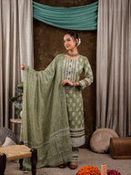 Yufta Green Ethnic Motifs Pure Cotton Kurta Dupatta Set With Lace Detailing | Grocsy
