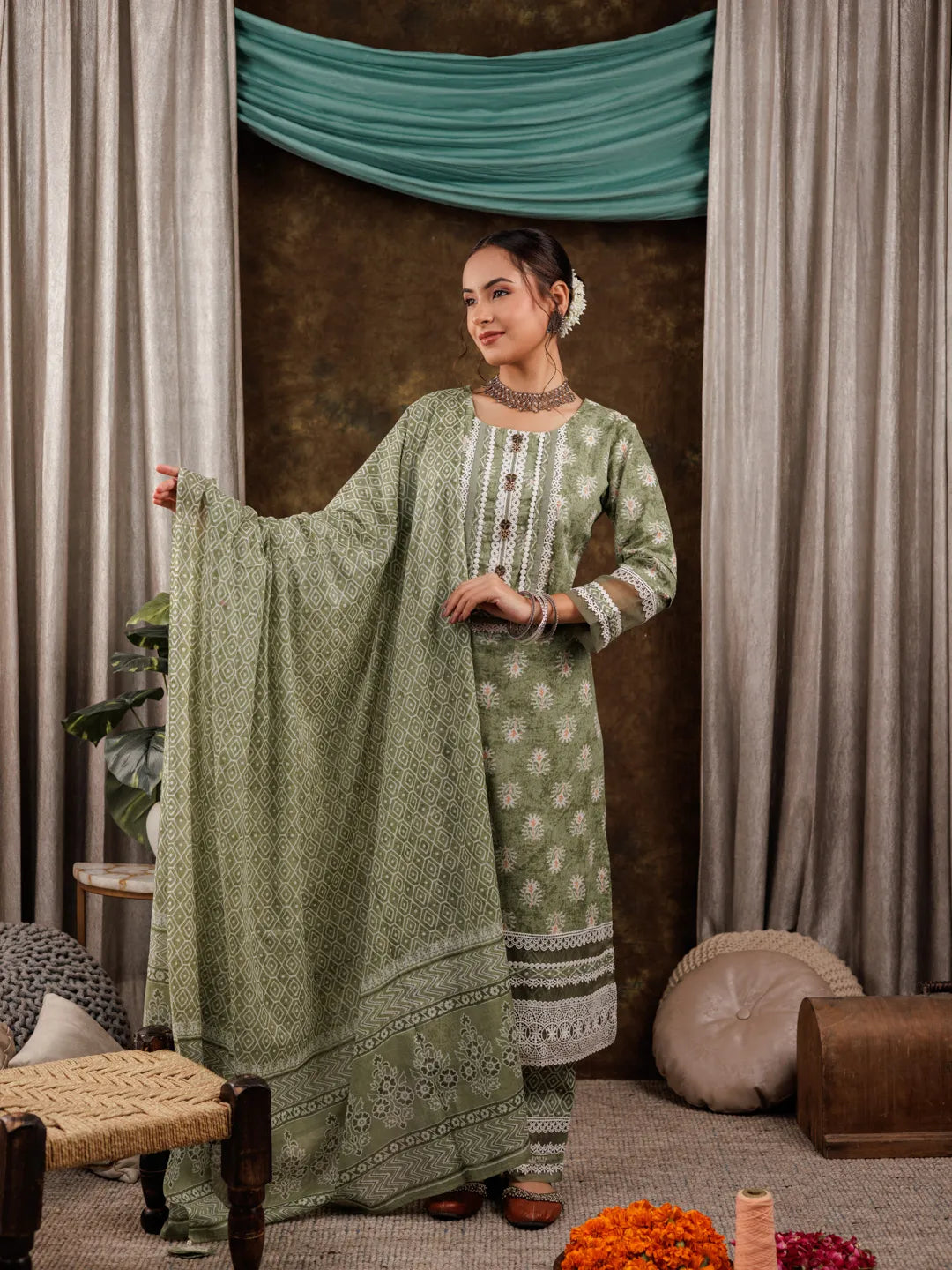 Yufta Green Ethnic Motifs Pure Cotton Kurta Dupatta Set With Lace Detailing | Grocsy