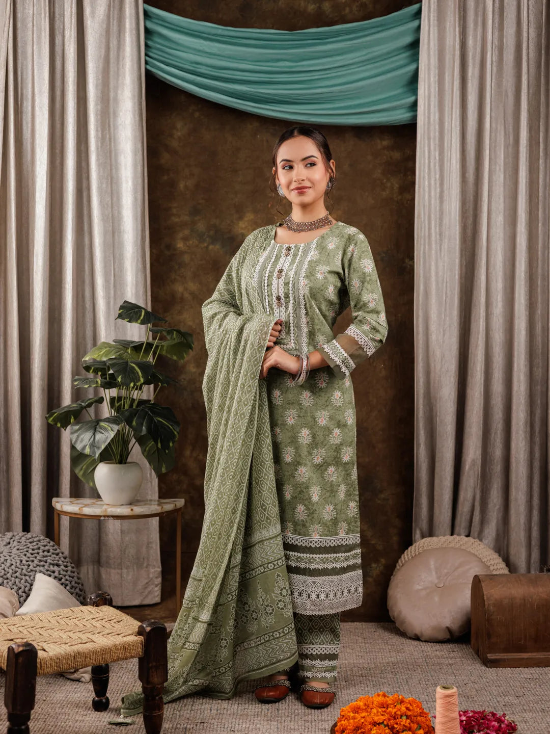 Yufta Green Ethnic Motifs Pure Cotton Kurta Dupatta Set With Lace Detailing | Grocsy