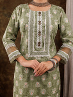 Yufta Green Ethnic Motifs Pure Cotton Kurta Dupatta Set With Lace Detailing | Grocsy