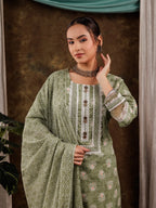 Yufta Green Ethnic Motifs Pure Cotton Kurta Dupatta Set With Lace Detailing | Grocsy