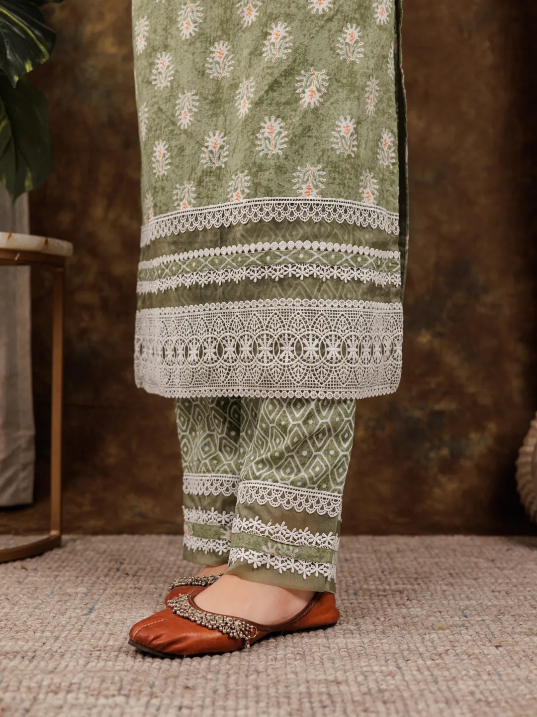 Yufta Green Ethnic Motifs Pure Cotton Kurta Dupatta Set With Lace Detailing | Grocsy