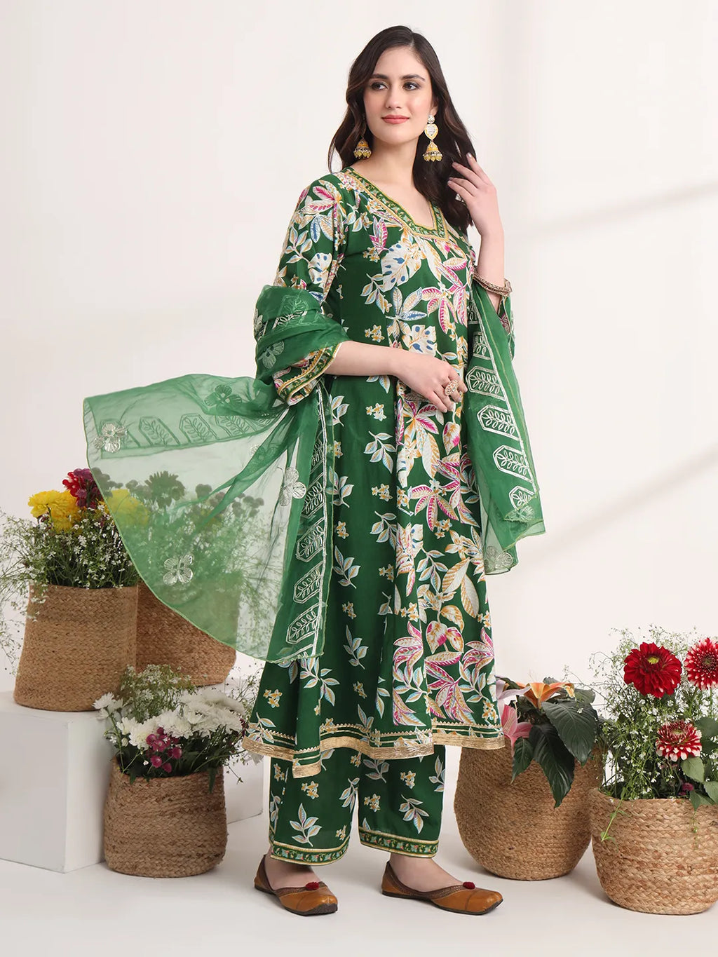 Yufta Green Floral Print A-Line Kurta Trouser And Dupatta Set | Grocsy