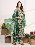 Yufta Green Floral Print A-Line Kurta Trouser And Dupatta Set | Grocsy