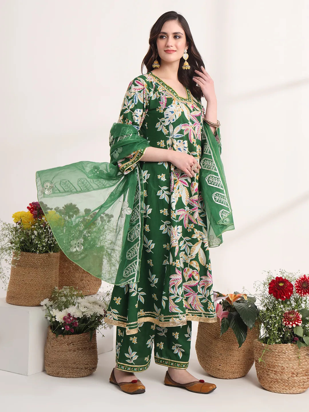 Yufta Green Floral Print A-Line Kurta Trouser And Dupatta Set | Grocsy