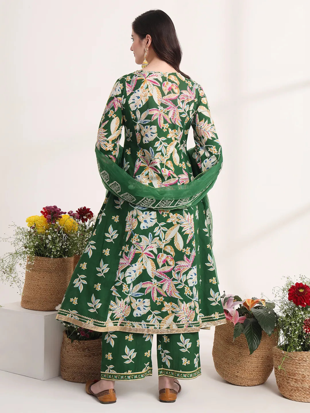 Yufta Green Floral Print A-Line Kurta Trouser And Dupatta Set | Grocsy