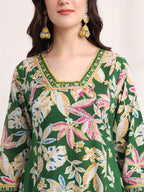 Yufta Green Floral Print A-Line Kurta Trouser And Dupatta Set | Grocsy