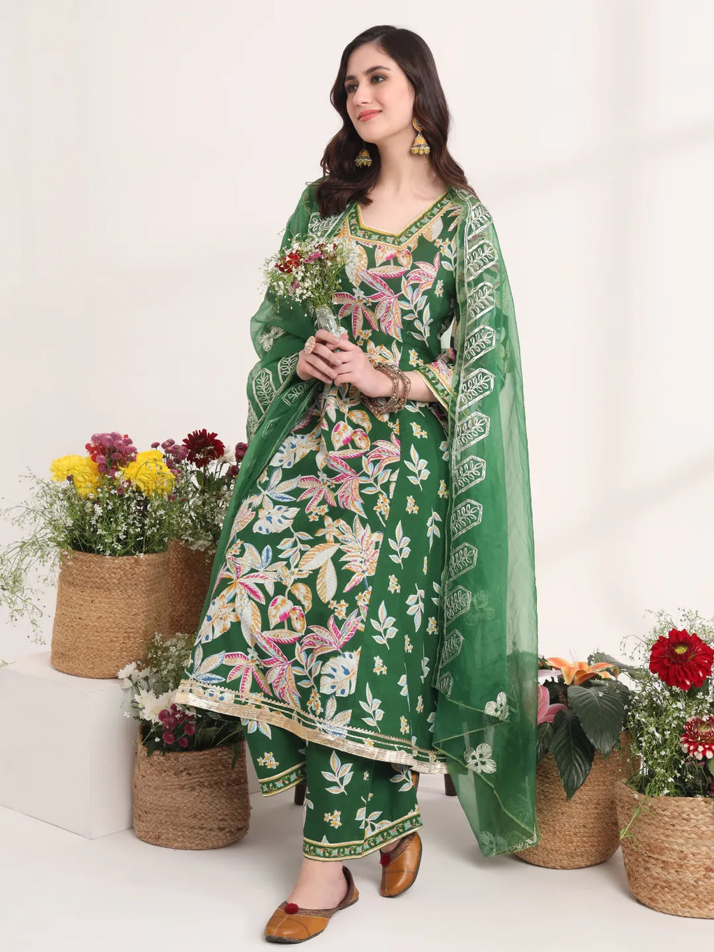 Yufta Green Floral Print A-Line Kurta Trouser And Dupatta Set | Grocsy