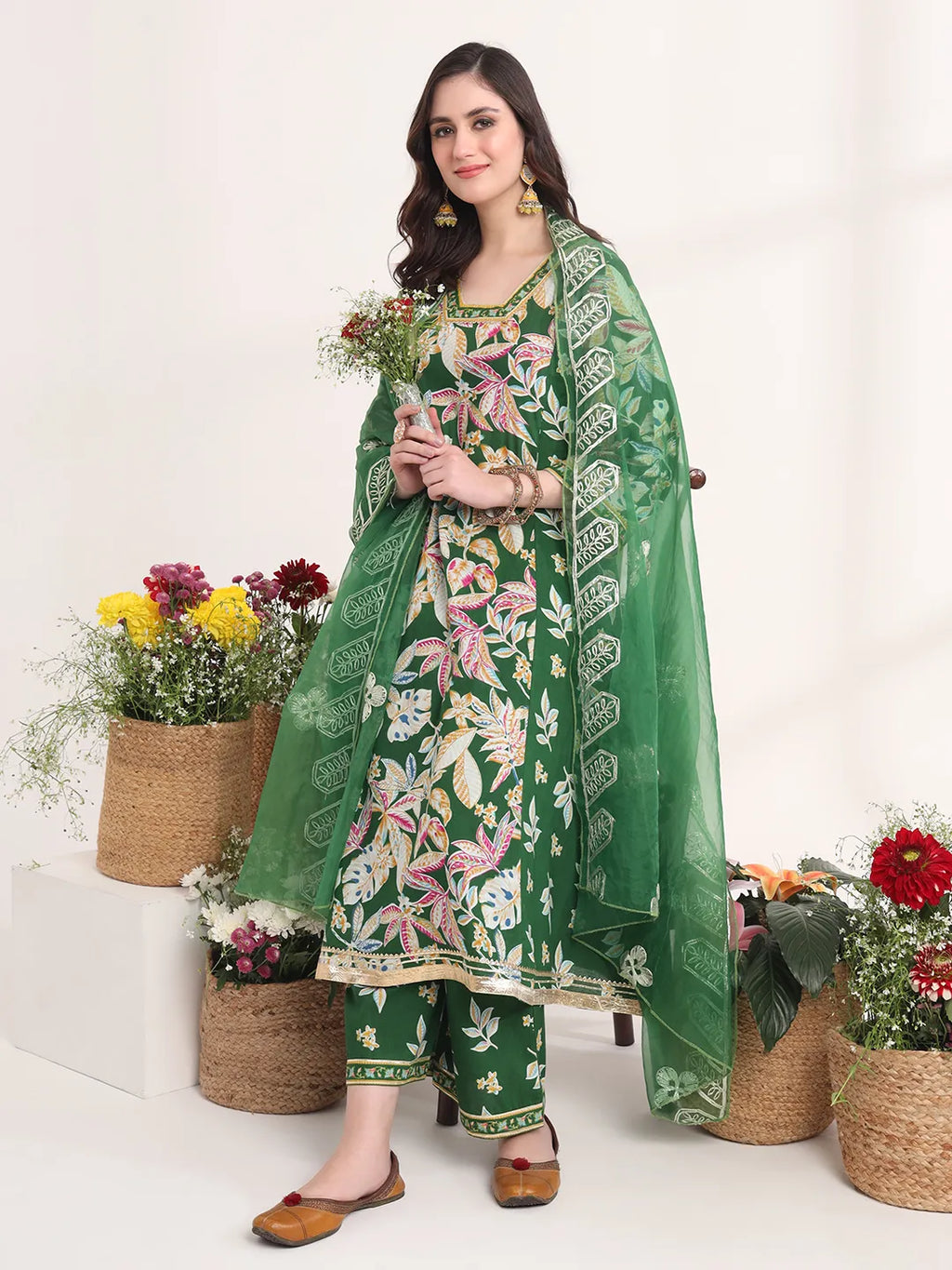 Yufta Green Floral Print A-Line Kurta Trouser And Dupatta Set | Grocsy