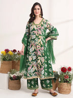 Yufta Green Floral Print A-Line Kurta Trouser And Dupatta Set | Grocsy