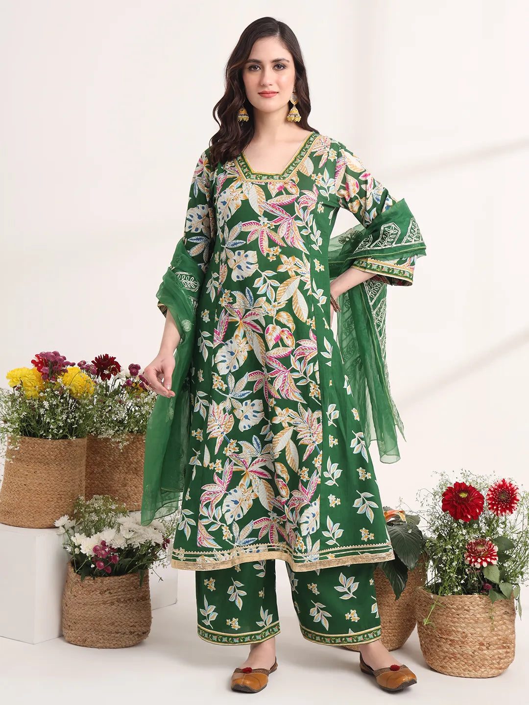 Yufta Green Floral Print A-Line Kurta Trouser And Dupatta Set | Grocsy