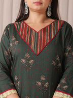 Yufta Green Floral Print Patch & Lace Work Plus Size Kurta Set With Pant & Dupatta | Grocsy