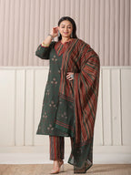 Yufta Green Floral Print Patch & Lace Work Plus Size Kurta Set With Pant & Dupatta | Grocsy
