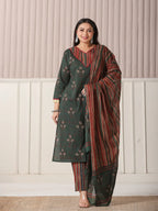 Yufta Green Floral Print Patch & Lace Work Plus Size Kurta Set With Pant & Dupatta | Grocsy