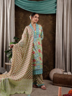 Yufta Green Floral Print Pure Cotton Beads Straight Kurta Dupatta Set With Lace Detailing | Grocsy