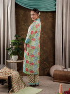 Yufta Green Floral Print Pure Cotton Beads Straight Kurta Dupatta Set With Lace Detailing | Grocsy